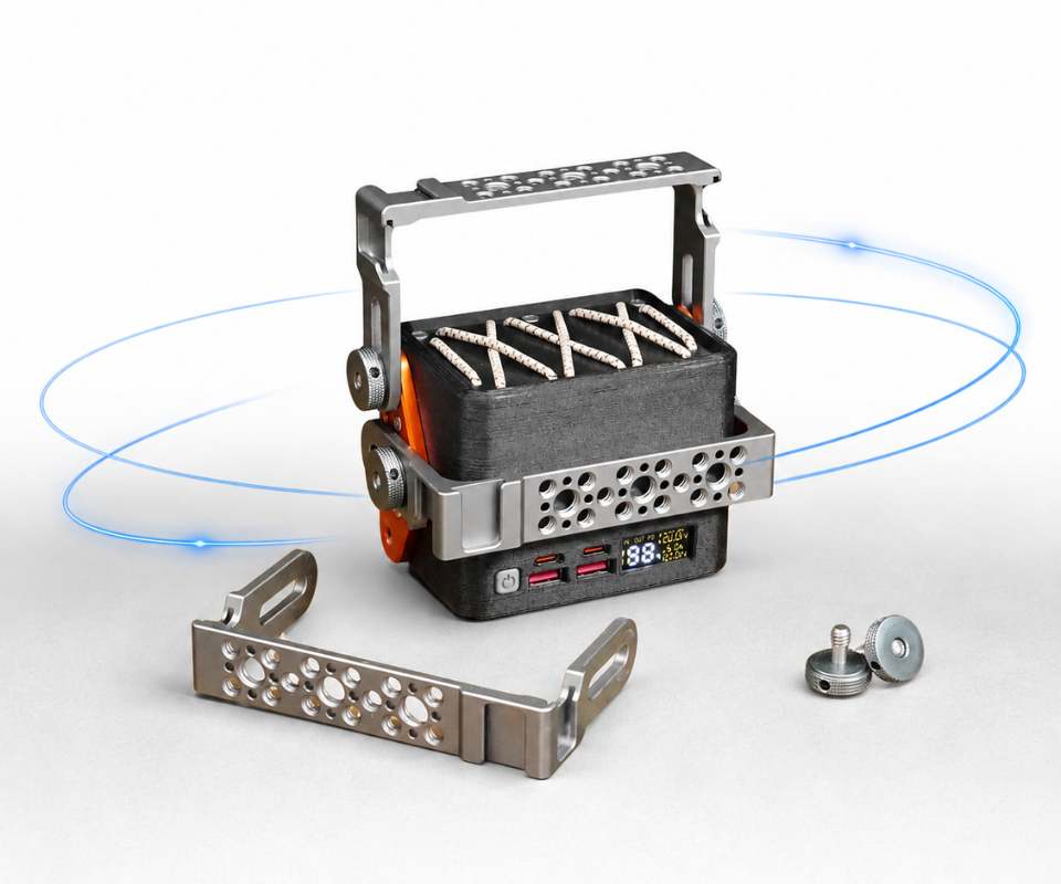 ORBICORE power hub with rotating metal brackets, elastic storage, USB ports and digital display; a detached bracket and fasteners alongside