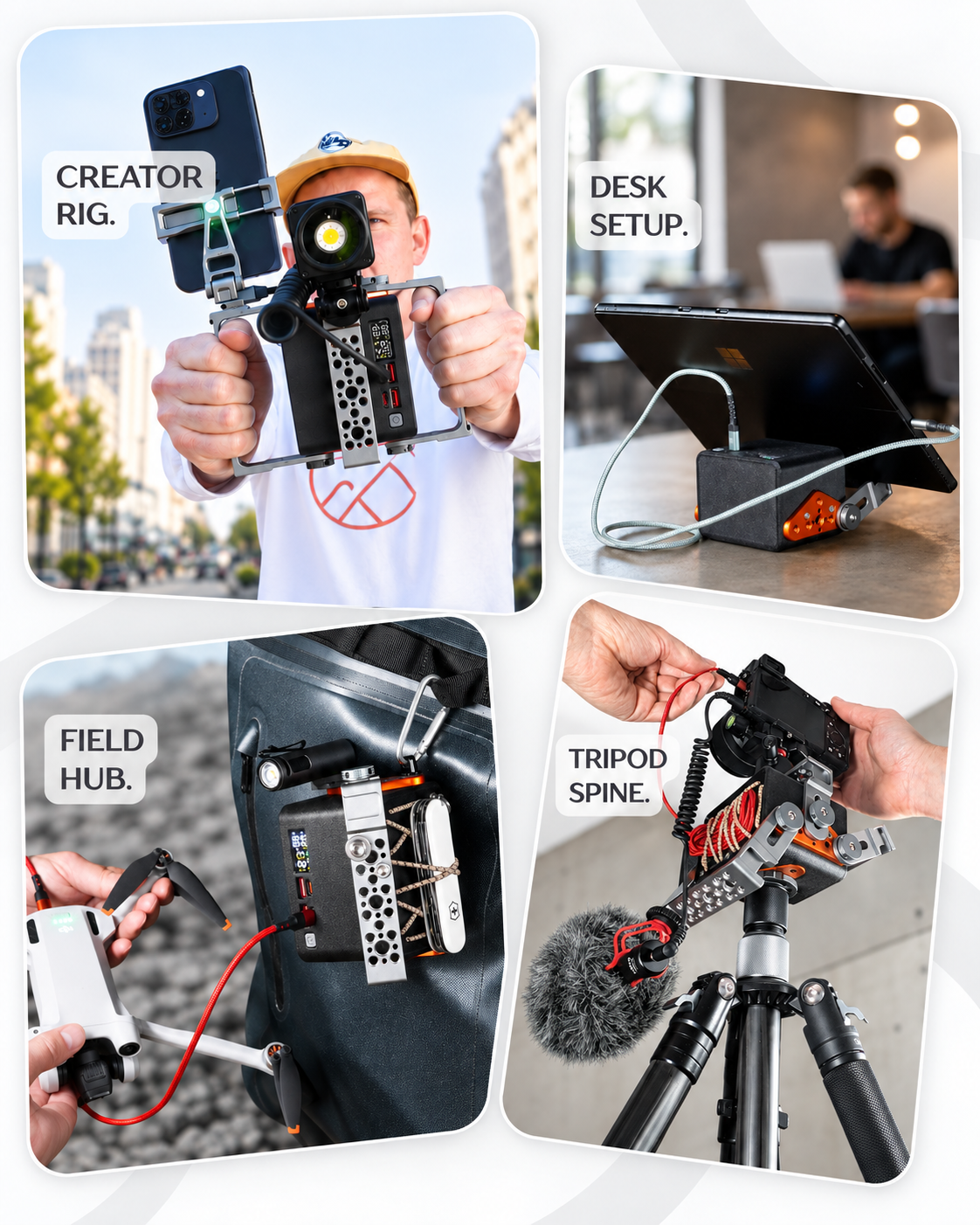 ORBICORE real use cases: Creator Rig, Desk Setup, Field Hub and Tripod Spine.